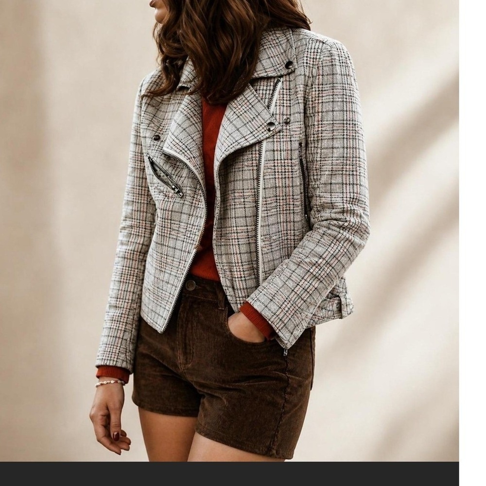 BLANKNYC Womens Grey Plaid Moto Jacket NWT Size M 01GU5726MX Cropped Stretch